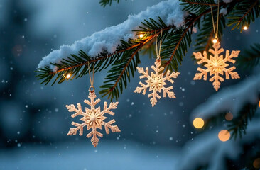 Snowflakes on the branches of a Christmas tree in the winter forest