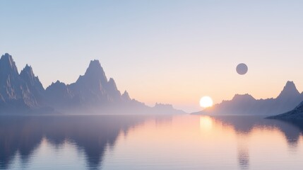 Serene Sunrise Over Majestic Mountains and Tranquil Water Landscape