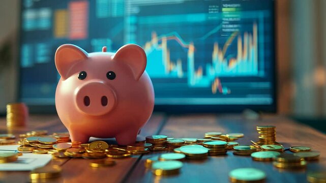 A pinky piggy bank surrounded by scattered gold coins on a wooden desk, with financial charts and graphs in the background, symbolizing savings and investment growth
