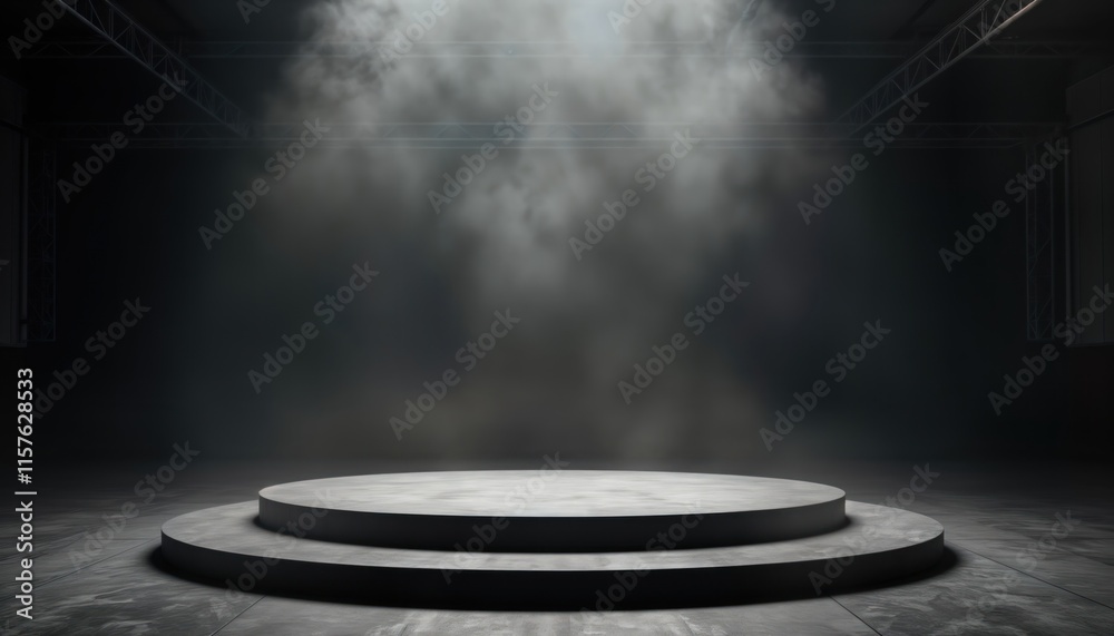 Aufkleber Empty concrete podium stage in dark room. Dramatic lighting, fog create atmospheric effect. Studio setting for product display advertising. Suitable for items design elements. Scene modern, evokes