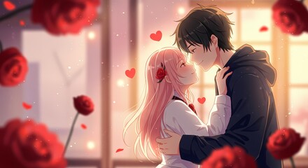 Valentine's day theme illustration background wallpaper anime couple in love hugging flowers hearts