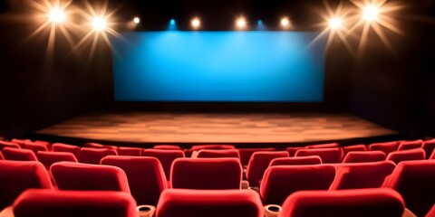 A movie theater stage with red seats and a large blue screen lit by bright stage lights. Concept Movie Theater Design, Red Seating Arrangement, Blue Projection Screen, Bright Stage Lighting