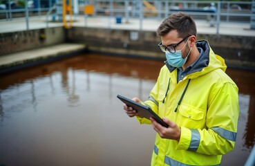 Engineer in protective clothing examines water treatment facility using digital tablet. Worker monitors water quality at outdoor wastewater plant. Analyzes water purity. Eco tech expert checking