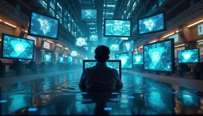 Person trapped in digital world. Surrounded by screens showing data, info. Looks overwhelmed, stressed. Modern tech concept. Person in large room with lot of screens, computers. Large pool of water.