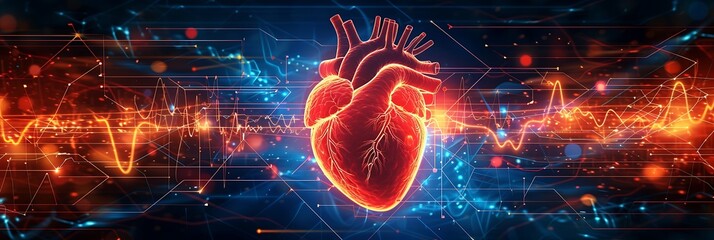 A vibrant, detailed human heart pulsates against a backdrop of swirling electrical waves and glowing circuitry, symbolizing the intricate electrical activity that drives the heart's rhythm.