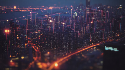 Naklejka premium Smart digital Innovation city with connection network reciprocity over the cityscape. of future smart wireless digital city and social media networking systems that connects people with in city