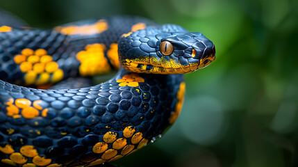 Obraz premium royalty free stock image of snake with striking black and yellow markings curved body on green blurred background reptile wildlife close up and nature photography