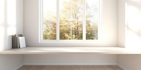 Fototapeta premium A bright, minimalistic room with a large window, showcasing a view of trees outside and a simple wooden shelf. Concept Minimalistic Interior Design, Natural Light, Large Windows, Simple Decor