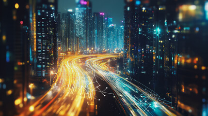 Obraz premium Smart digital Innovation city with connection network reciprocity over the cityscape. of future smart wireless digital city and social media networking systems that connects people with in city