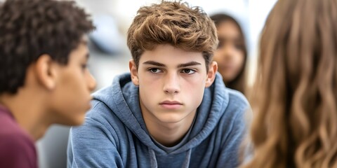 Obraz premium A young person with light brown hair looks intently at two peers during a discussion in a classroom setting. Concept Classroom Discussion, Engaged Learning, Peer Interaction, Intense Focus