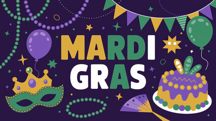 Mardi Gras party with mask, balloons, cake, beads and garlands. Holiday card, banner, poster, flyer. Celebration with copy space.