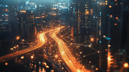 Fototapeta premium Smart digital Innovation city with connection network reciprocity over the cityscape. of future smart wireless digital city and social media networking systems that connects people with in city