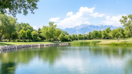Serene Lakeside View with Lush Green Trees and Majestic Mountain Background