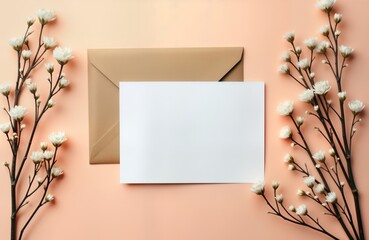 Empty greeting card mockup with beige envelope, small white flowers on peach background. Elegant stationery design. Suitable for invitation card postcard. Nature themed design. Perfect for weddings