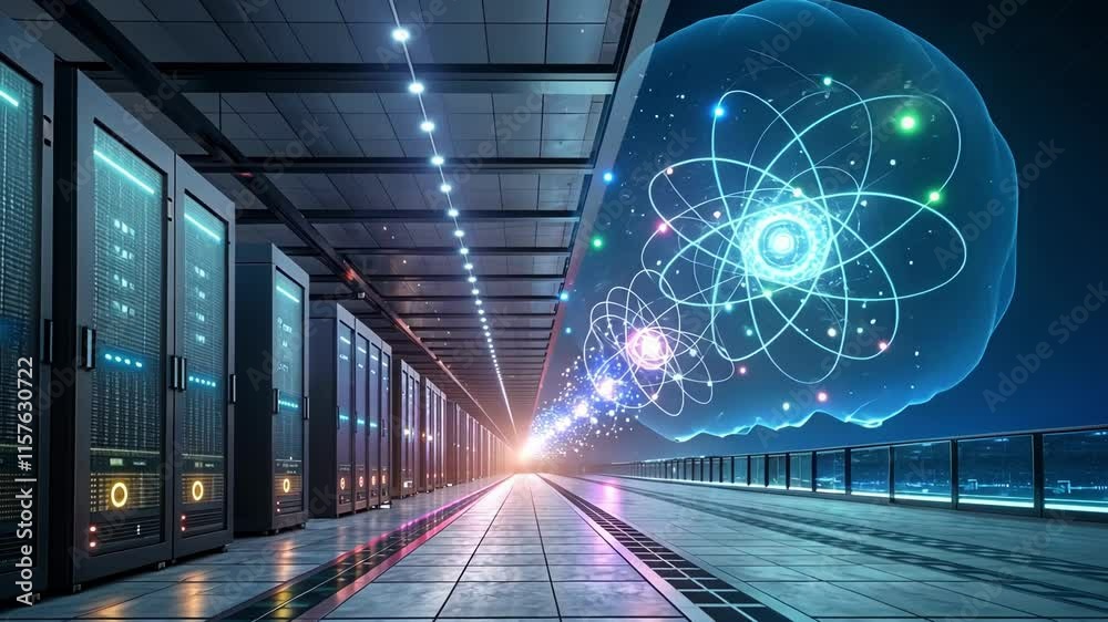 Poster stylized atom materializing between server racks in futuristic corridor, representing quantum comput