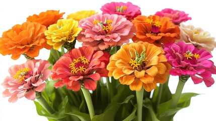 Bright bouquet of colorful zinnias showcasing vibrant orange, pink, and yellow hues