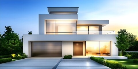 Fototapeta premium A modern two-story house with large windows, a sleek design, and a landscaped front yard, illuminated by soft evening light. Concept Contemporary Architecture, Large Windows, Elegant Landscaping