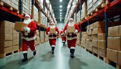 Santa Claus figures in red suits, white beards rush through vast warehouse aisle carrying boxes. Many cardboard boxes stacked high on shelves. Busy preparing for Christmas deliveries. Festive