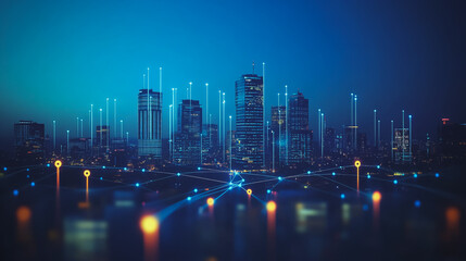 Fototapeta premium Smart digital Innovation city with connection network reciprocity over the cityscape. of future smart wireless digital city and social media networking systems that connects people with in city