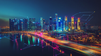 Obraz premium Smart digital Innovation city with connection network reciprocity over the cityscape. of future smart wireless digital city and social media networking systems that connects people with in city