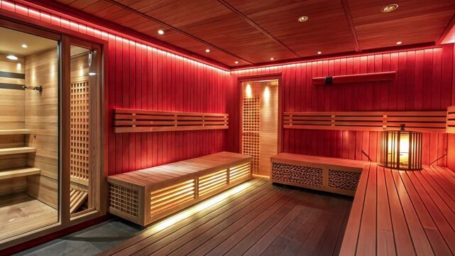 Soft red cedar panels enveloping warm ambient lighting crafting serene interior space, embodying wellness through luxurious sauna design inviting deep relaxation and tranquil personal restoration