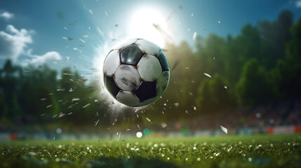 Fototapeta premium Soccer Ball in Mid-Air with Stadium Background