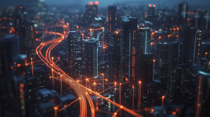 Fototapeta premium Smart digital Innovation city with connection network reciprocity over the cityscape. of future smart wireless digital city and social media networking systems that connects people with in city