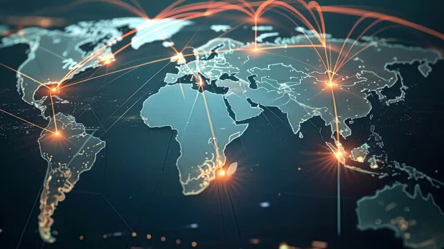 Glowing orange lines connecting major cities across stylized world map, representing expanding global networks, international communication, and interconnected digital infrastructure