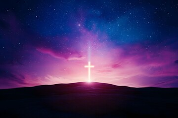 Bright Christian Cross Shines in Starry Night Sky Landscape