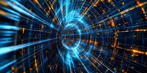 Fototapeta premium A vibrant, digital tunnel of blue and orange light, resembling a time warp or a futuristic data stream. Concept Digital Art Creation, Futuristic Design, Colorful Light Effects, Neon Aesthetics