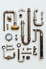 Industrial Plumbing Components Displayed in Minimalist Style on White Background