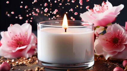 Serene candlelight surrounded by colorful petals and fruits. Evokes a sense of calm, ideal for wellness, lifestyle, and home decor imagery.