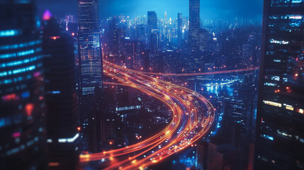 Obraz premium Smart digital Innovation city with connection network reciprocity over the cityscape. of future smart wireless digital city and social media networking systems that connects people with in city