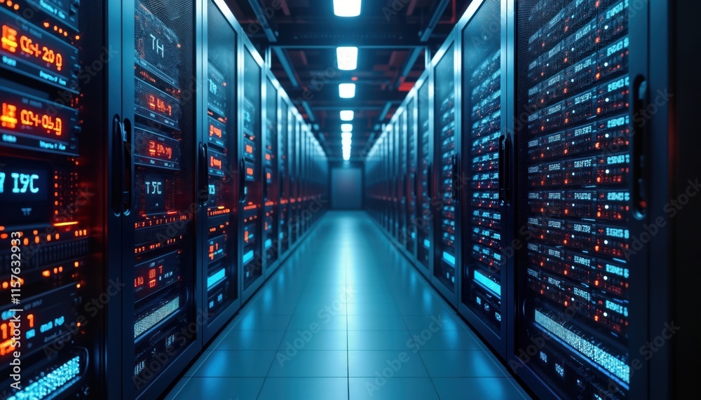Aufkleber Modern data center interior shows rows of server racks. Tech equipment fully functional. Cool blue light illuminates room. Data storage, processing evident. Futuristic tech environment. Digital data