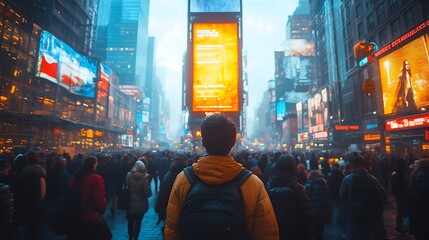 Person with Backpack Amidst Bright City Lights