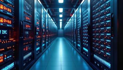 Modern data center interior shows rows of server racks. Tech equipment fully functional. Cool blue light illuminates room. Data storage, processing evident. Futuristic tech environment. Digital data