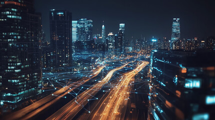 Fototapeta premium Smart digital Innovation city with connection network reciprocity over the cityscape. of future smart wireless digital city and social media networking systems that connects people with in city