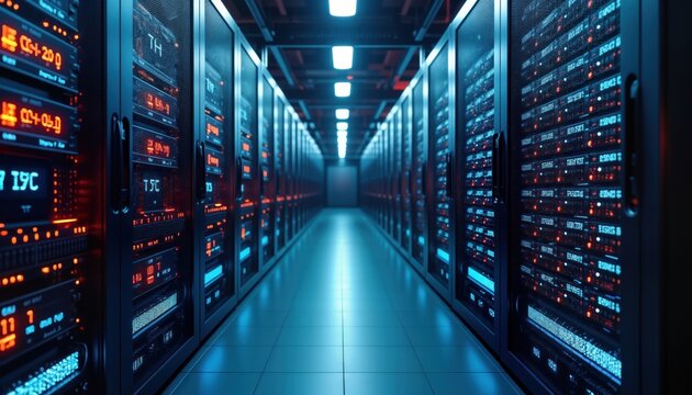 Modern data center interior shows rows of server racks. Tech equipment fully functional. Cool blue light illuminates room. Data storage, processing evident. Futuristic tech environment. Digital data - Powered by Adobe