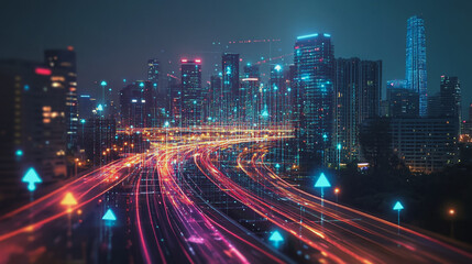 Fototapeta premium Smart digital Innovation city with connection network reciprocity over the cityscape. of future smart wireless digital city and social media networking systems that connects people with in city