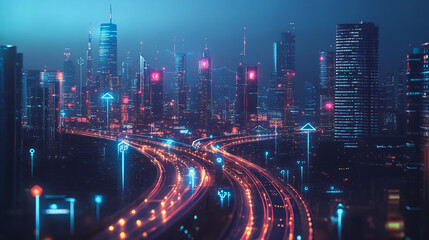 Fototapeta premium Smart digital Innovation city with connection network reciprocity over the cityscape. of future smart wireless digital city and social media networking systems that connects people with in city