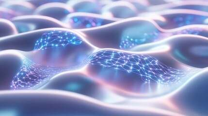 highly detailed and realistic 3D render of glowing nodes on a smooth surface, creating an abstract network design.