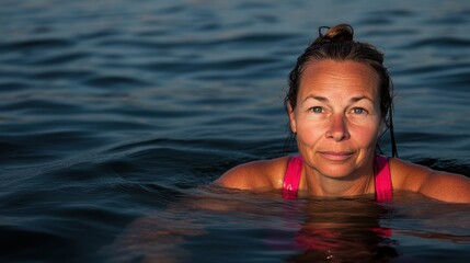 Woman Swimming in Calm Water at Dusk Emphasizing Serenity and Relaxation
