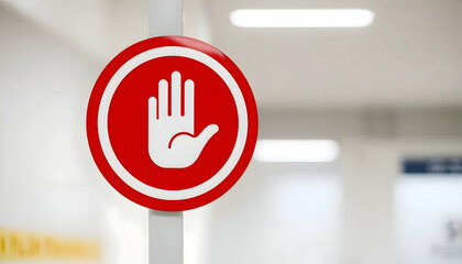 Red Stop Sign with Hand Symbol in a Modern Building