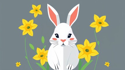 Fototapeta premium Stylized white bunny among bright yellow daffodils on a gray background, minimalist and cheerful spring illustration