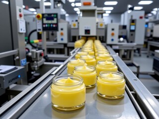 Factory Production Line Jars of Yellow Cream Cosmetics Manufacturing