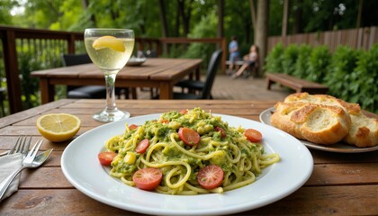 Vibrant pesto pasta on sunny outdoor patio, relaxed dining experience