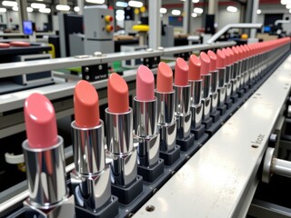 Obraz premium Lipstick Manufacturing Cosmetic Production Line Factory Assembly