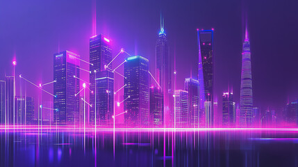 Fototapeta premium Smart digital Innovation city with connection network reciprocity over the cityscape. of future smart wireless digital city and social media networking systems that connects people with in city