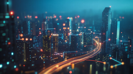 Fototapeta premium Smart digital Innovation city with connection network reciprocity over the cityscape. of future smart wireless digital city and social media networking systems that connects people with in city