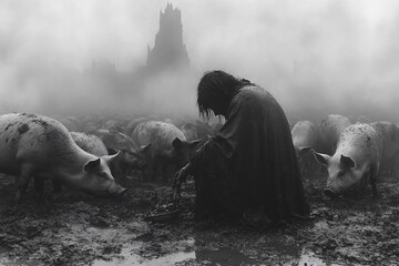 Prodigal Son Amidst Swine in a Desolate Landscape Reflecting on Choices and Redemption